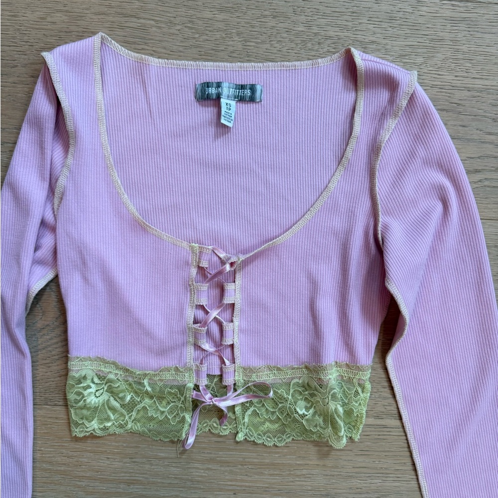 Urban Outfitters Pink and Gold Lace-Up Crop Top